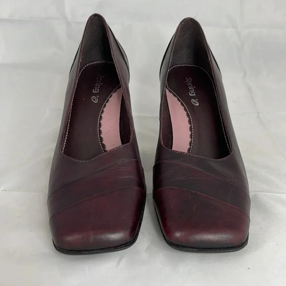 VINTAGE Y2K Spring Square Toe Pumps Wine Maroon Genuine Leather Shoes Heels 36 - Picture 3 of 13